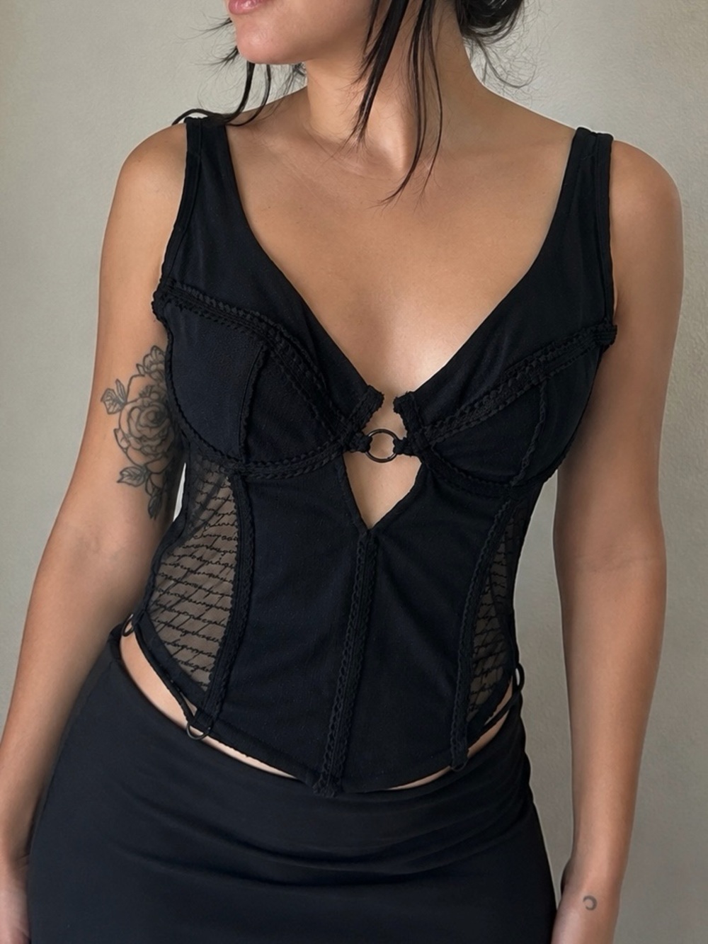 Bydee Black Corset Bustier Top Sheer Mesh O-Ring Size M